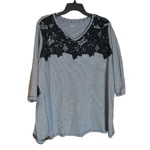 Catherine’s Womens Plus Striped Lace Yoke V Neck Top Size 2X 22 24W Black White